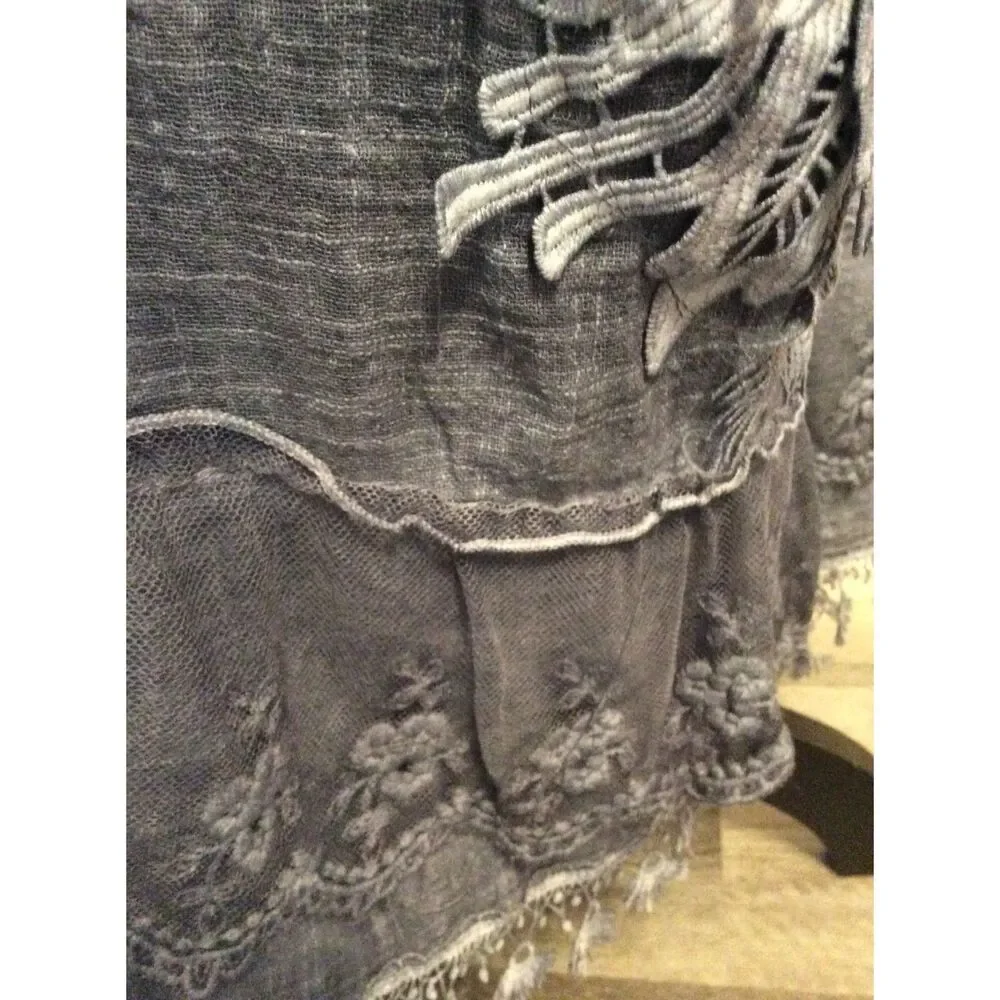 Western Denim Look Lace Linen Mix Floral Torn Edge Skirt   XL Festival Concert